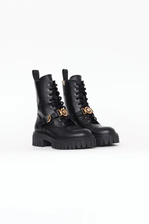 Black Leather Medusa Combat Boots